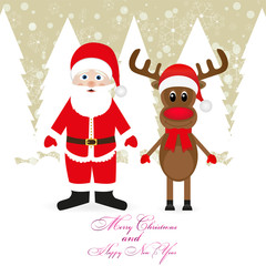 Christmas reindeer and Santa Claus in a gloomy forest