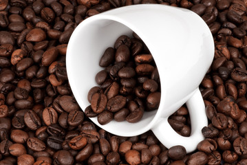 WHITE COFFEE MUG ON A BACKGROUND OF BROWN COFFEE SEEDS