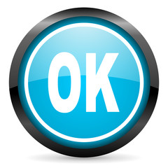 ok blue glossy circle icon on white background