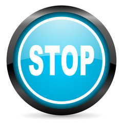 stop blue glossy circle icon on white background