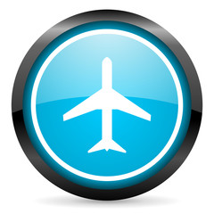 airplane blue glossy circle icon on white background