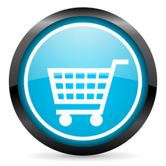 shopping cart blue glossy circle icon on white background