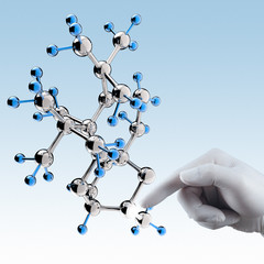 scientist doctor hand touch virtual molecular structure in the l