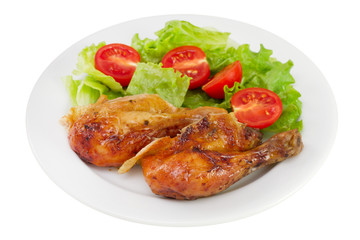fried chicken with salad on the plate on white background
