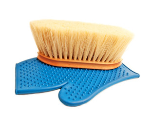 rubber mitten, and brush with long bristle for horse isolated
