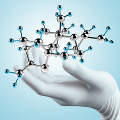scientist doctor hand touch virtual molecular structure in the l