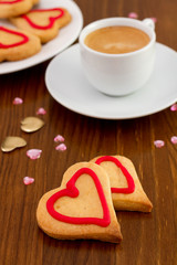 valentine cookies with cup of coffee