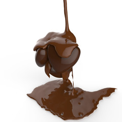 close up chocolate syrup leaking over heart shape symbol