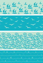 Vector set of four marine theamed horizontal seamless borders