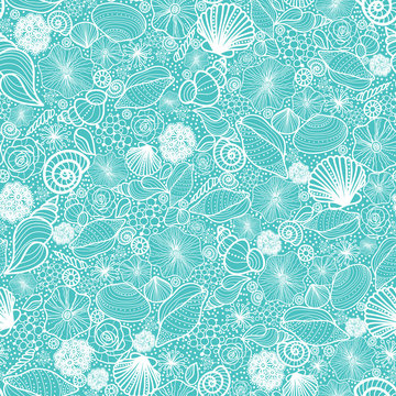 Vector blue seashells line art seamless pattern background with