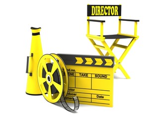 Film industry: directors chair with film strip and movie clapper