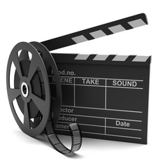 Movie clapper and film strip on a white background