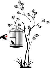 Papier Peint photo Lavable Oiseaux en cages silhouette d& 39 oiseau volant avec un amour pour les oiseaux dans la cage