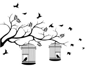 Illustration fliegende Vögel mit Liebe zum Vogel im Käfig