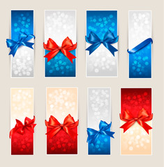 Set of colorful Gift cards with gift bows with ribbons. Vector