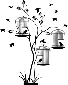 illustration silhouette of birds flying and bird in the cage