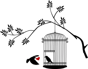 Fotobehang Vogels in kooien illustratie vliegende vogels met liefde voor de vogel in de kooi