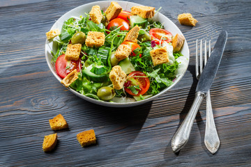 Healthy salad with chicken and fresh vegetables