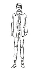 Fototapeta premium Sketch. Handsome stylish man showcasing street fashion