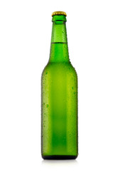 Bottle of beer with waterdrops. Isolated on white background