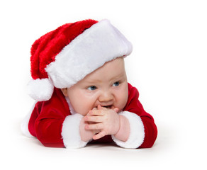 Seven-month-old baby in Santa Claus outfit