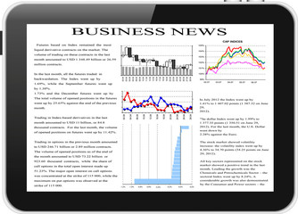 tablet pc with business news on screen.