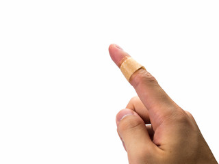 Injured man finger with band aid isolated on white background