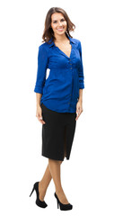Full body of happy businesswoman, on white