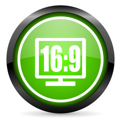 16 9 display green glossy icon on white background