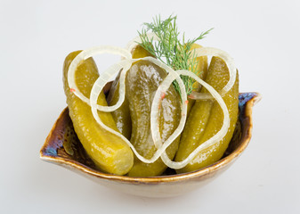 Closeup view of pickled cucmbers in a bowl