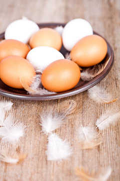 eggs and feathers in a plate
