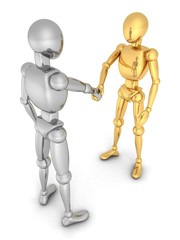 3d human figures handshaking on white background