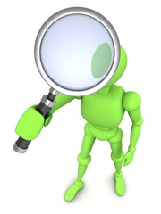 green 3d man character with magnifying glass
