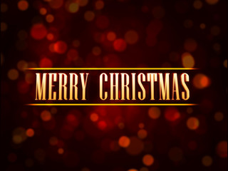golden text Merry Christmas over red background with lights dots