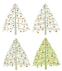 Hand drawn grunge illustrations of four christmas trees