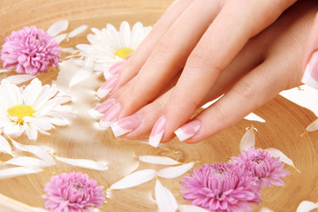 Woman hands with french manicure and flowers in bamboo bowl