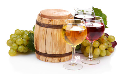 Barrel and glasses of wine, grapes, isolated on white