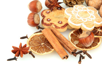 composition of christmas spices, isolated on white