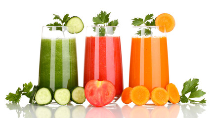 Fresh vegetable juices isolated on white