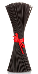 Black spaghetti with ribbon isolated on white