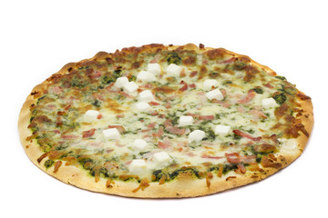Isolated Pizza with spinach goat cheese and bacon