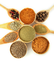 wooden bowls and spoons with spices isolated on white