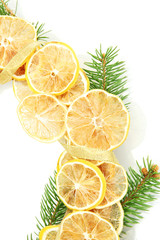 Fototapeta na wymiar christmas wreath of dried lemons with fir tree isolated on