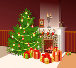 illustration of fireplace with gifts and decorated tree for chri