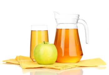 Full glass and jug of apple juice and apples isolted on white