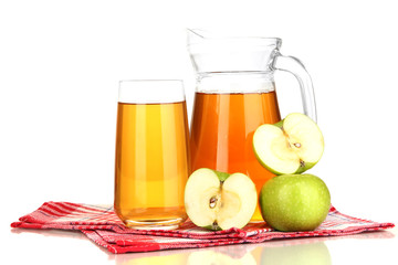 Full glass and jug of apple juice and apples isolted on white