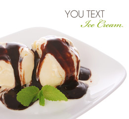delicious ice cream with chocolate topping and mint leaves