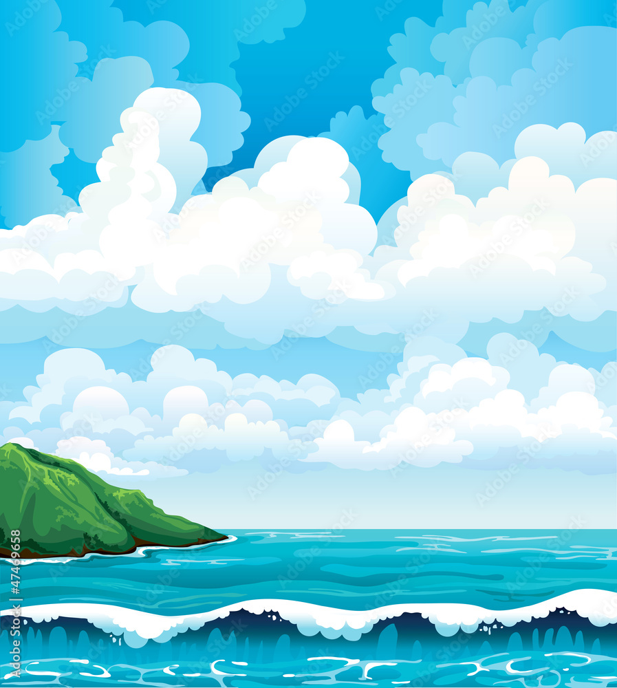 Wall mural Summer landscape with clouds, island and sea with waves