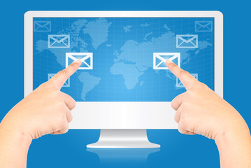 Hand pushing mail social network communication.