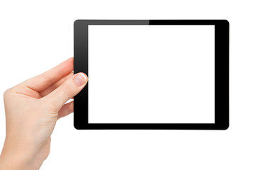 woman hand hold a mini tablet with isolated screen